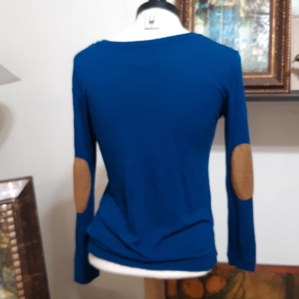 ZARA Trafaluc Womens Blue Long sleeve shirt Sz Small Elbow Patch Accents Tan